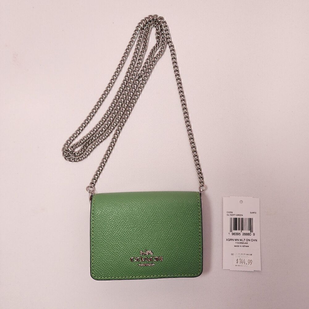 NWTCoach C0059 Mini Wallet On a Chain Soft Green Metallic Crossgrain Leather